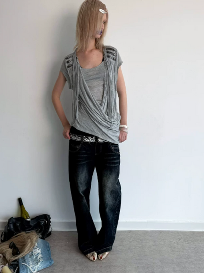 Double-Waist Sequin Embroidery Distressed Low-Rise Jeans【s0000017172】