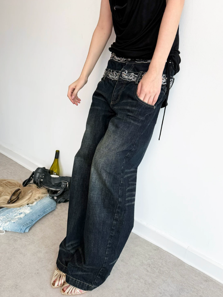 Double-Waist Sequin Embroidery Distressed Low-Rise Jeans【s0000017172】