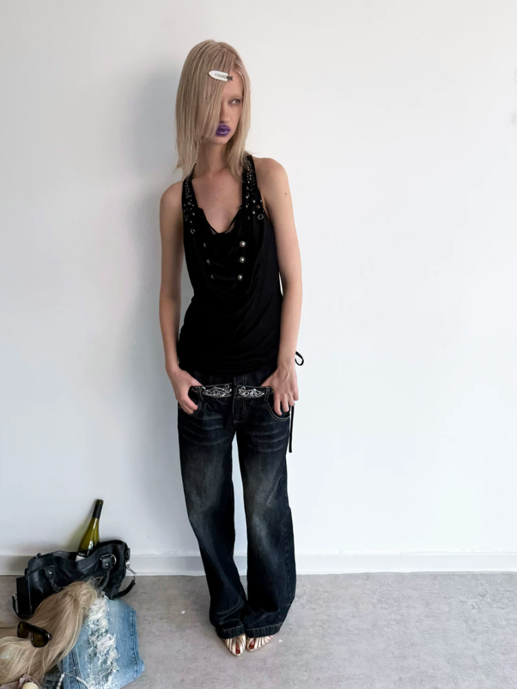 Double-Waist Sequin Embroidery Distressed Low-Rise Jeans【s0000017172】