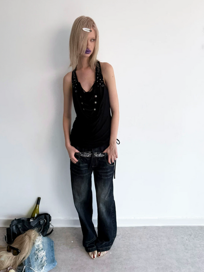 Double-Waist Sequin Embroidery Distressed Low-Rise Jeans【s0000017172】