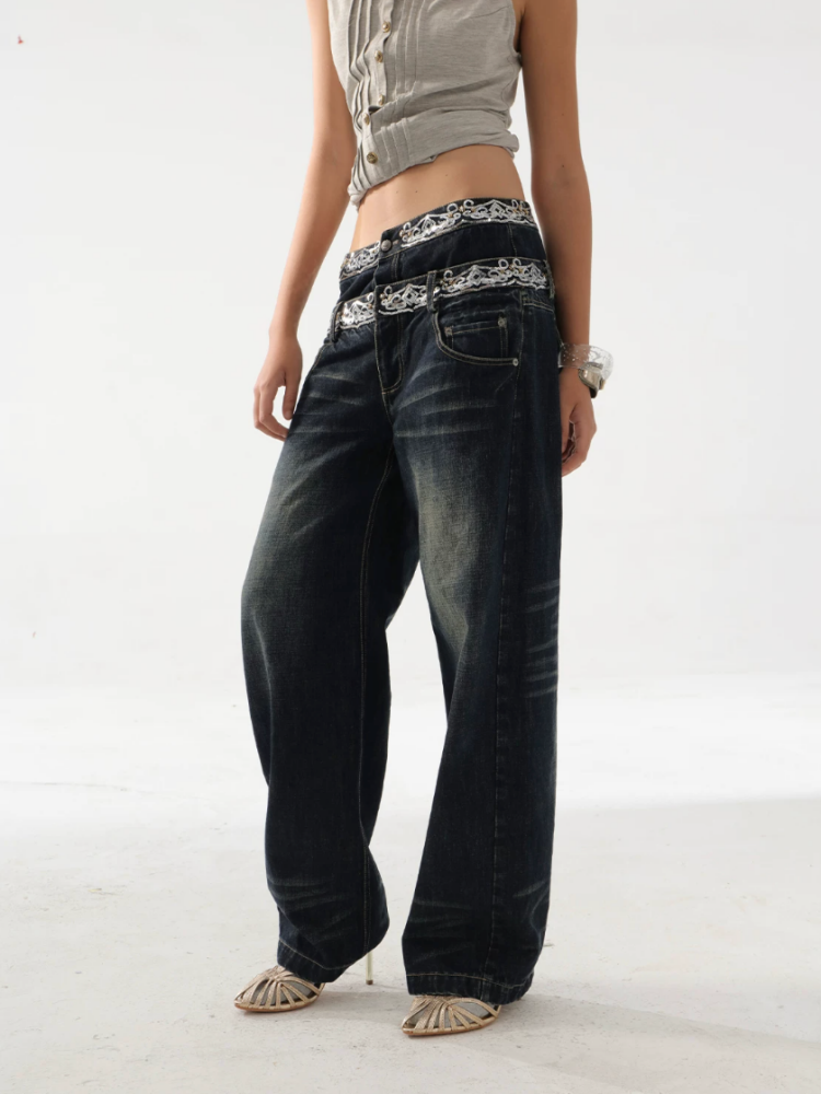 Double-Waist Sequin Embroidery Distressed Low-Rise Jeans【s0000017172】