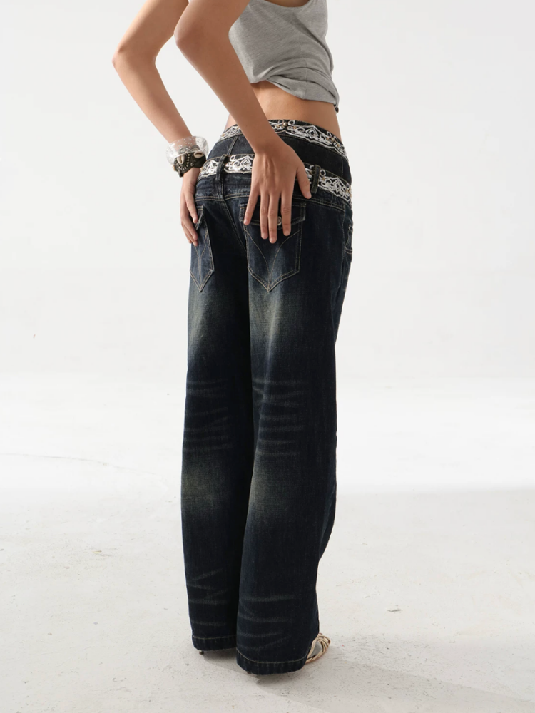Double-Waist Sequin Embroidery Distressed Low-Rise Jeans【s0000017172】