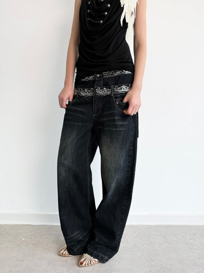 Double-Waist Sequin Embroidery Distressed Low-Rise Jeans【s0000017172】
