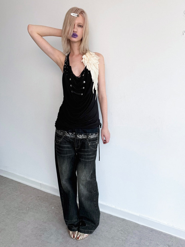 Double-Waist Sequin Embroidery Distressed Low-Rise Jeans【s0000017172】