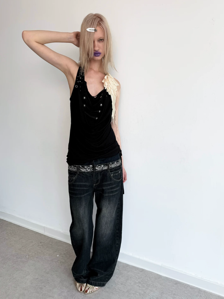 Double-Waist Sequin Embroidery Distressed Low-Rise Jeans【s0000017172】