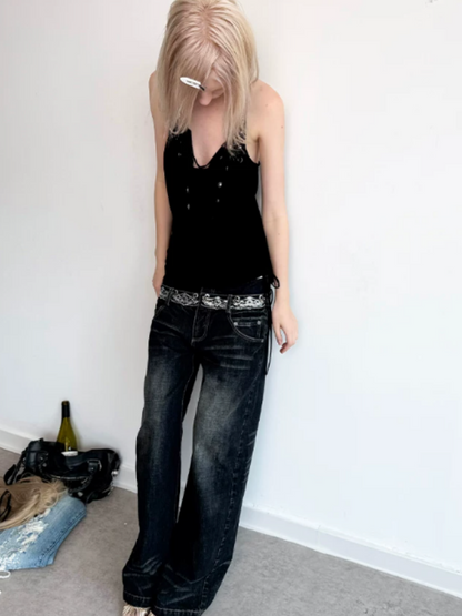 Double-Waist Sequin Embroidery Distressed Low-Rise Jeans【s0000017172】