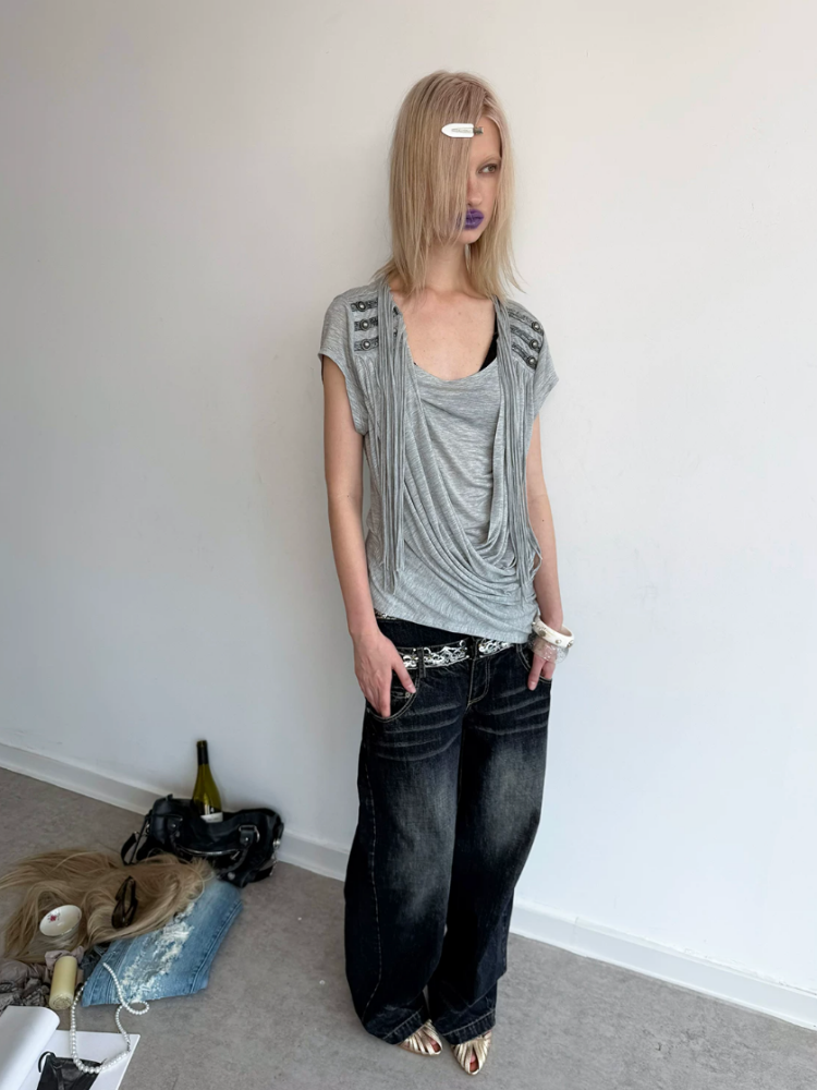 Double-Waist Sequin Embroidery Distressed Low-Rise Jeans【s0000017172】