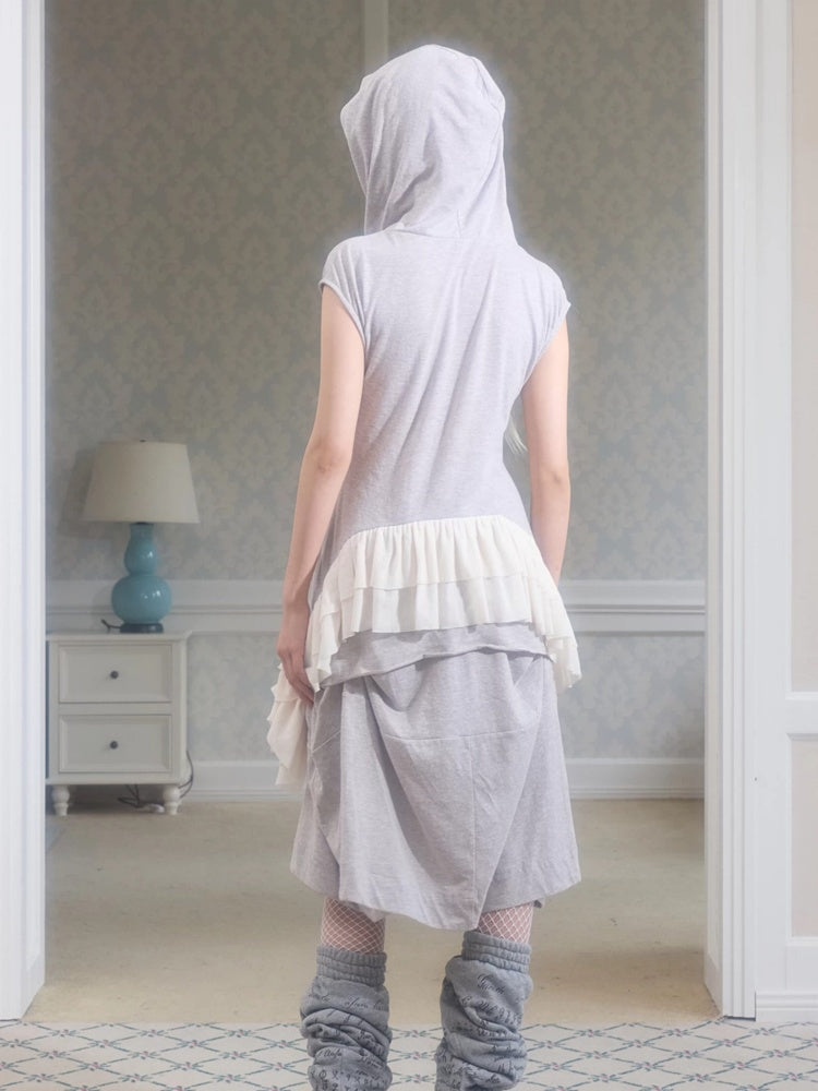 Irregular Hem Deconstructed Mesh Patchwork Webbing Hoodie【s0000017175】