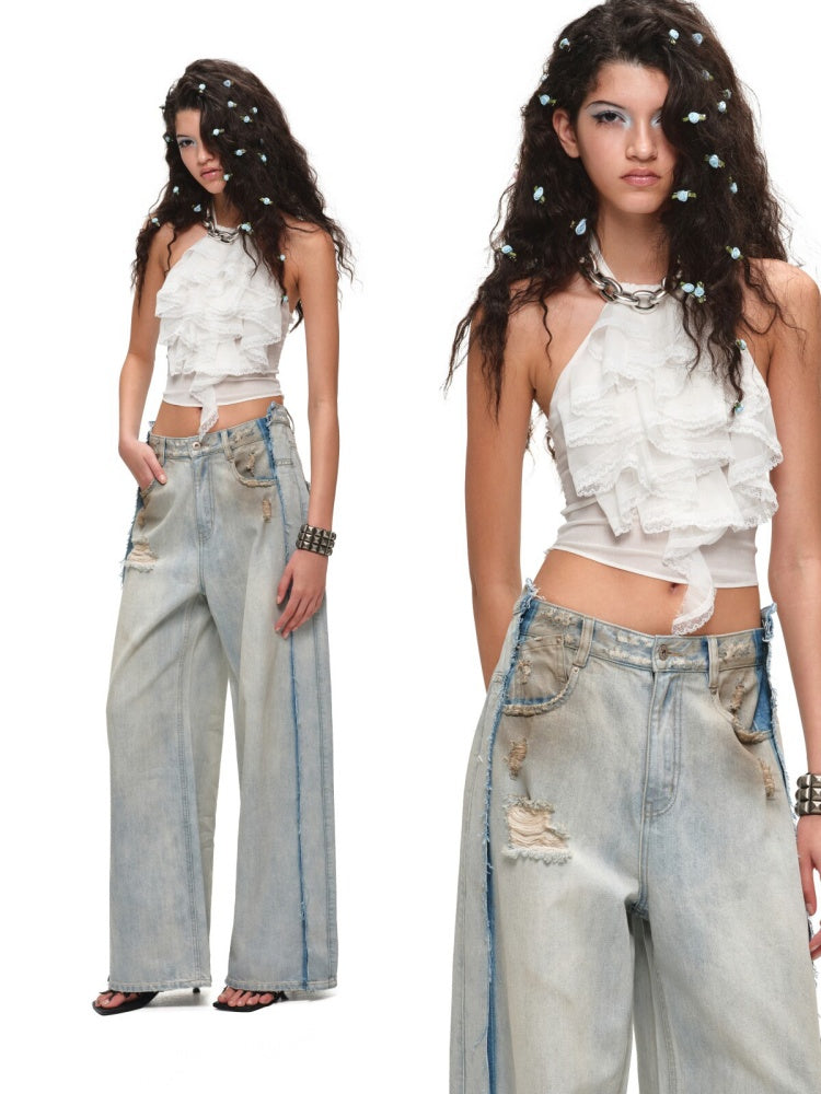 Sheer Chiffon Lace Ruffled Backless Halter Neck Camisole【s0000017179】