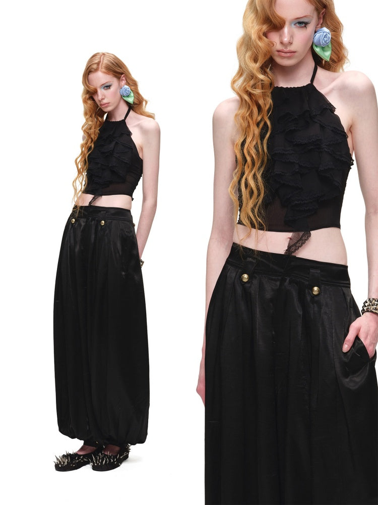 Sheer Chiffon Lace Ruffled Backless Halter Neck Camisole【s0000017179】