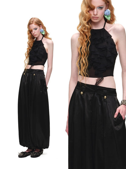 Sheer Chiffon Lace Ruffled Backless Halter Neck Camisole【s0000017179】