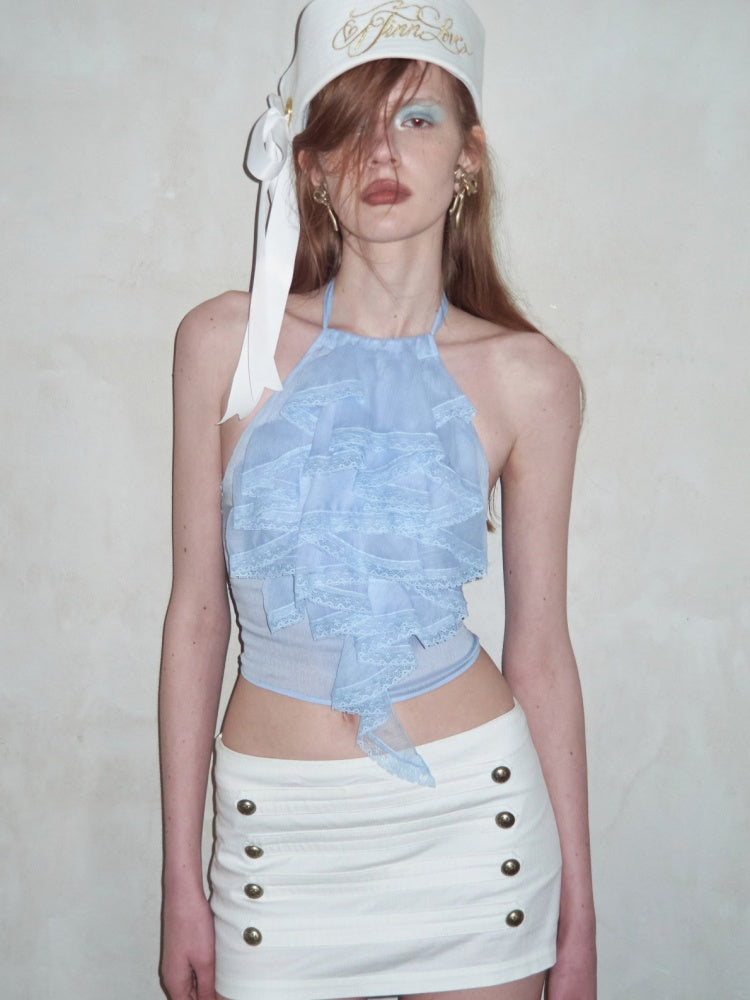 Sheer Chiffon Lace Ruffled Backless Halter Neck Camisole【s0000017179】