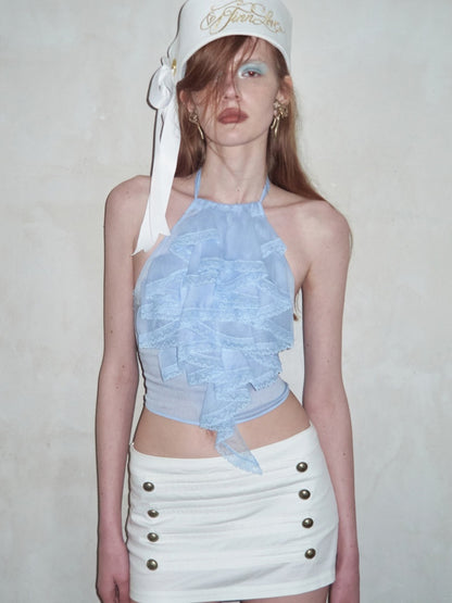 Sheer Chiffon Lace Ruffled Backless Halter Neck Camisole【s0000017179】
