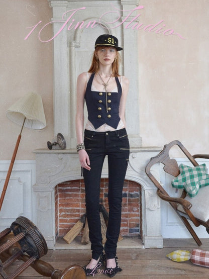 Navy-Style Napoleon Double-Breasted Knitted Halter Neck Vest【s0000017180】