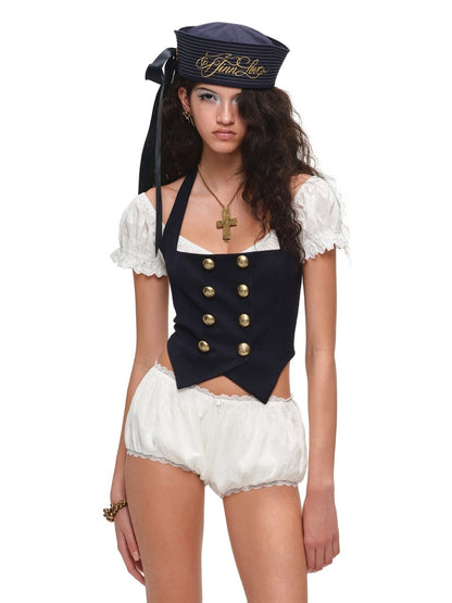 Navy-Style Napoleon Double-Breasted Knitted Halter Neck Vest【s0000017180】