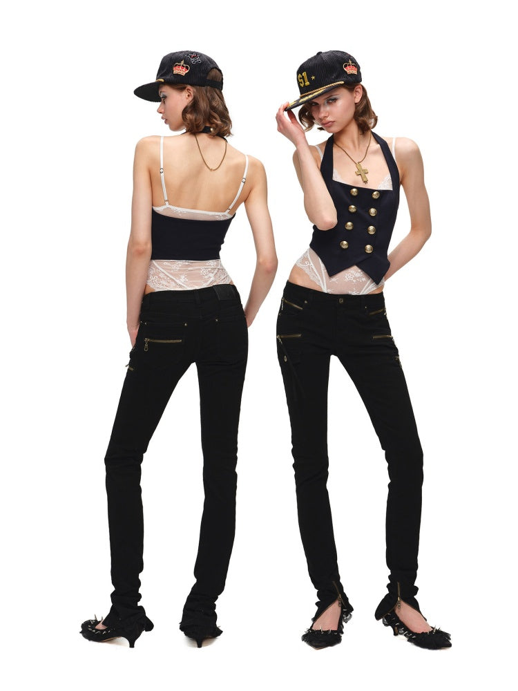 Navy-Style Napoleon Double-Breasted Knitted Halter Neck Vest【s0000017180】