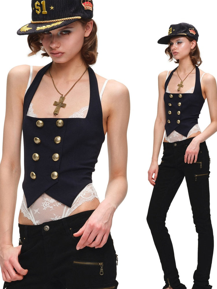 Navy-Style Napoleon Double-Breasted Knitted Halter Neck Vest【s0000017180】