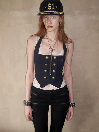 Navy-Style Napoleon Double-Breasted Knitted Halter Neck Vest【s0000017180】