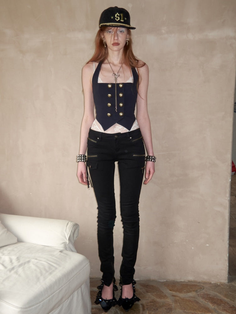 Navy-Style Napoleon Double-Breasted Knitted Halter Neck Vest【s0000017180】