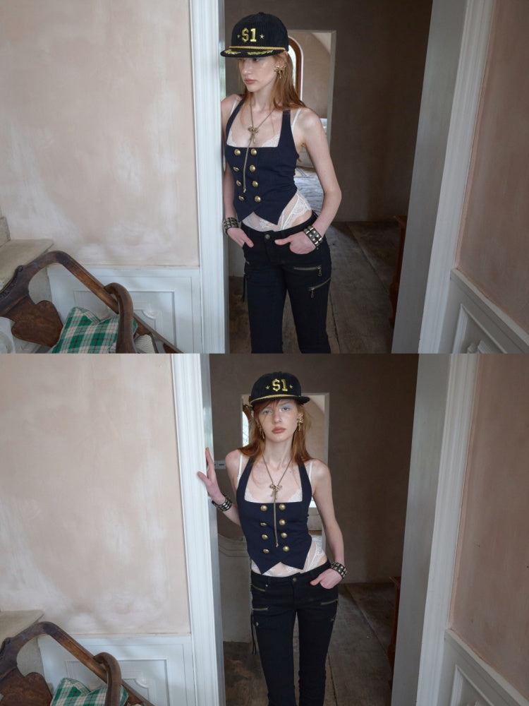 Navy-Style Napoleon Double-Breasted Knitted Halter Neck Vest【s0000017180】