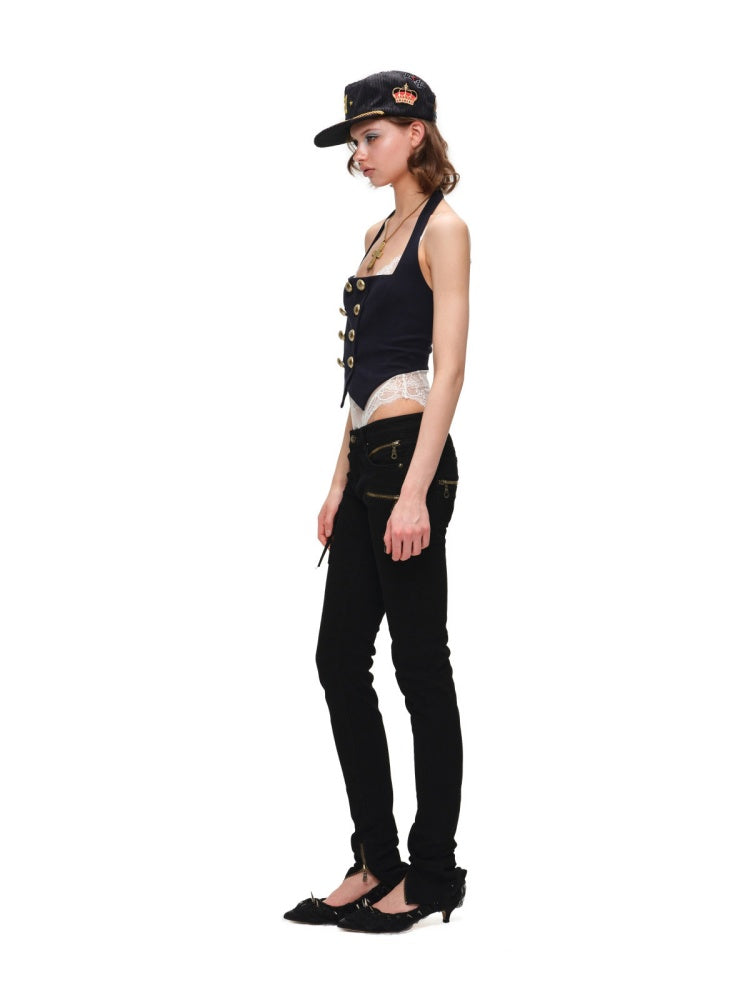 Navy-Style Napoleon Double-Breasted Knitted Halter Neck Vest【s0000017180】
