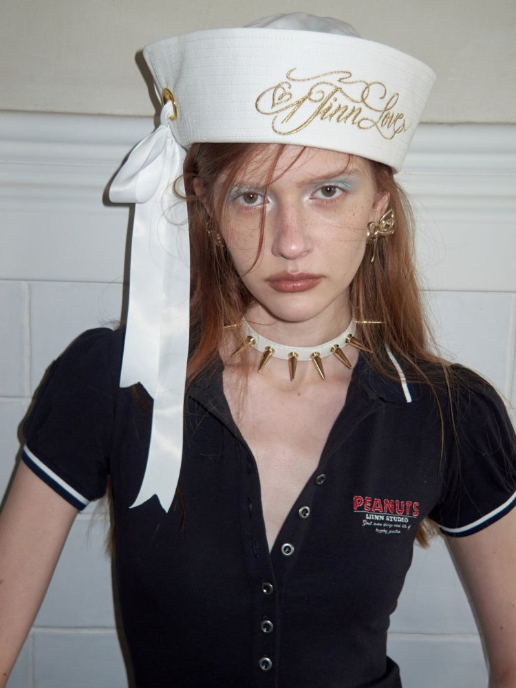 Bow Gold Letter Embroidery Navy Sailor Cap【s0000017182】