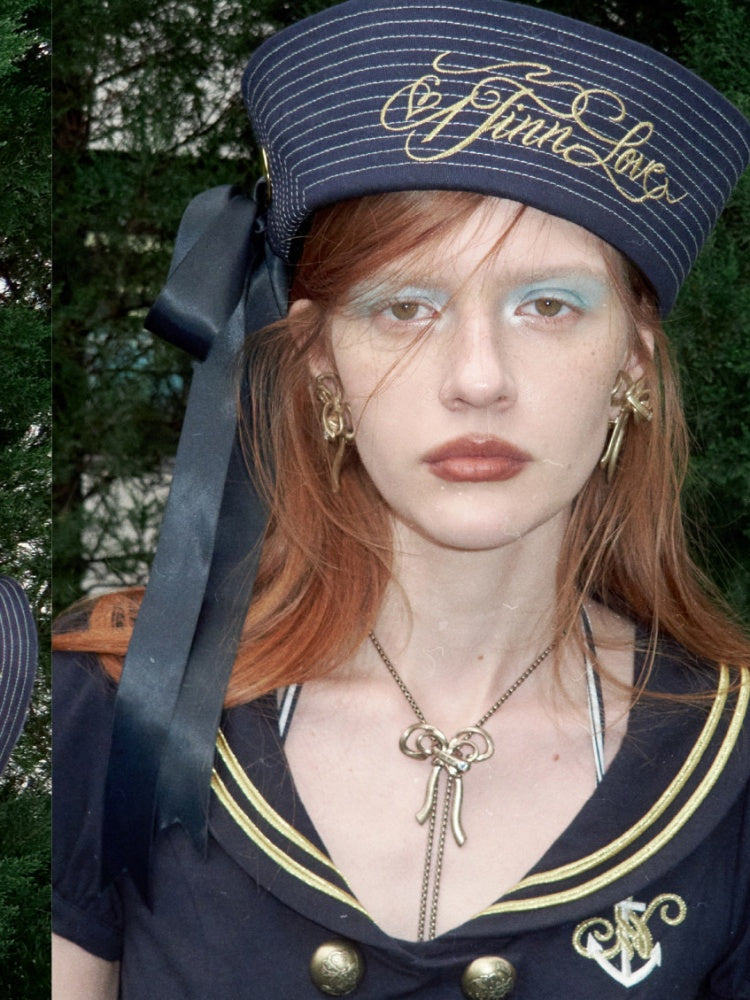 Bow Gold Letter Embroidery Navy Sailor Cap【s0000017182】