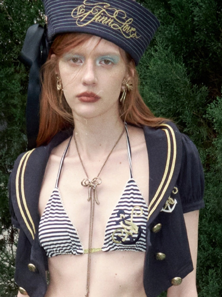 Bow Gold Letter Embroidery Navy Sailor Cap【s0000017182】