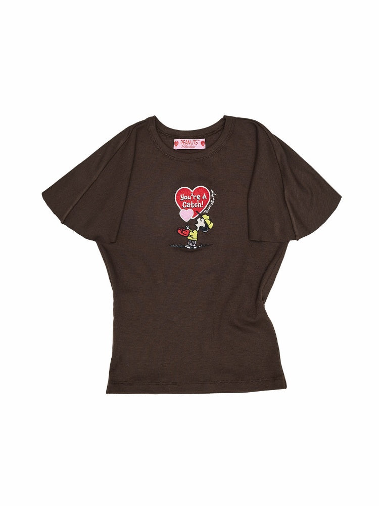 1JINN STUDIO x Snoopy Collaboration Embroidered Small Fly-Sleeve Waist-Cinching T-shirt【s0000017184】