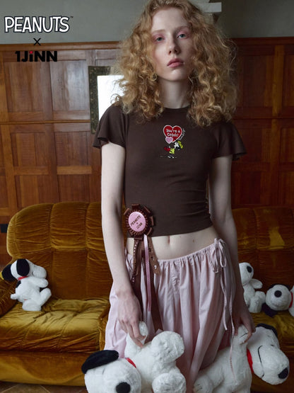 1JINN STUDIO x Snoopy Collaboration Embroidered Small Fly-Sleeve Waist-Cinching T-shirt【s0000017184】