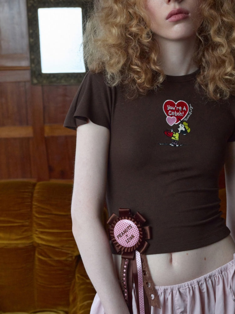 1JINN STUDIO x Snoopy Collaboration Embroidered Small Fly-Sleeve Waist-Cinching T-shirt【s0000017184】