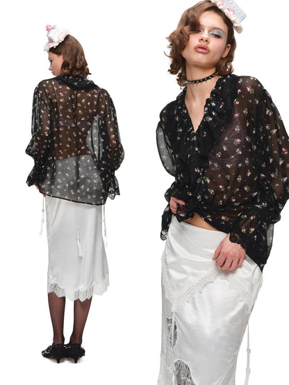 Ruffled V-Neck Court Subtle Sheer Floral Long-Sleeve Shirt【s0000017185】