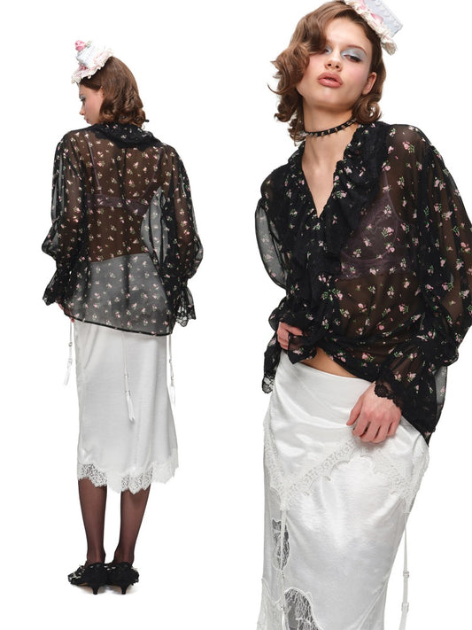 Ruffled V-Neck Court Subtle Sheer Floral Long-Sleeve Shirt【s0000017185】