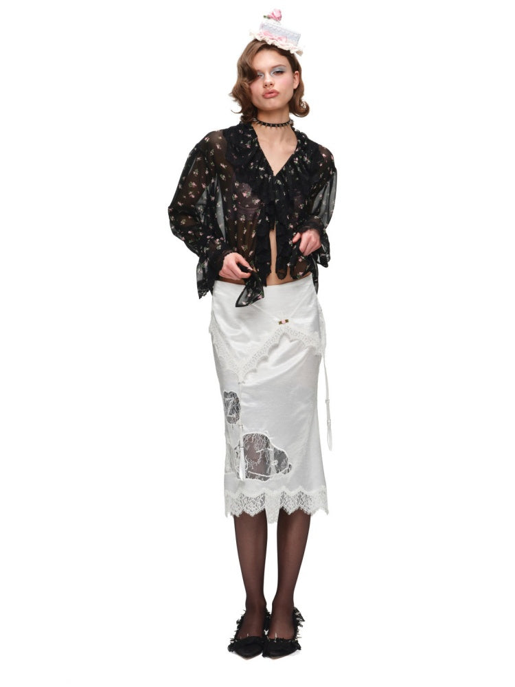 Ruffled V-Neck Court Subtle Sheer Floral Long-Sleeve Shirt【s0000017185】