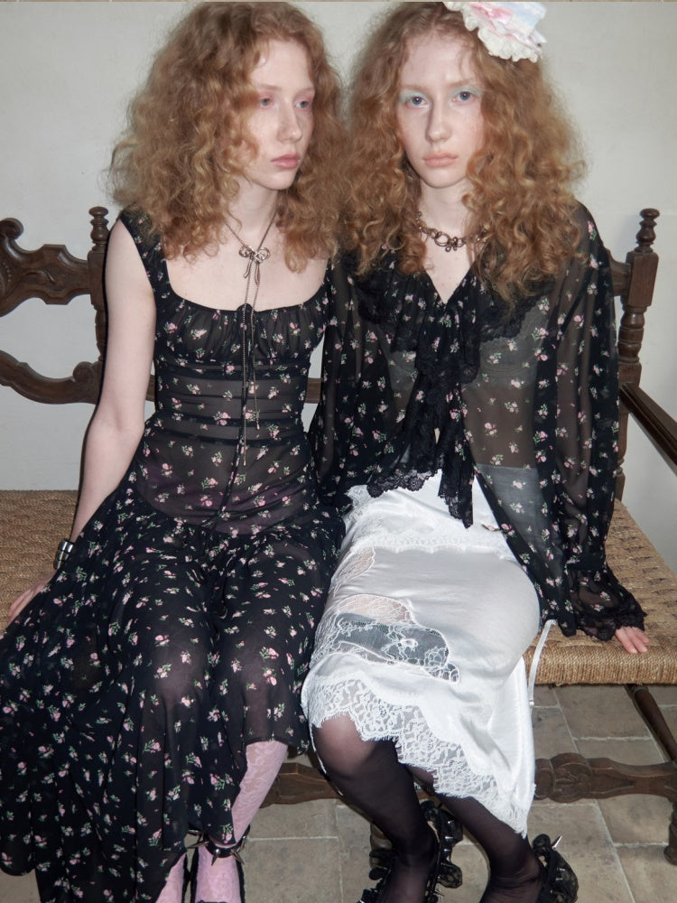 Ruffled V-Neck Court Subtle Sheer Floral Long-Sleeve Shirt【s0000017185】