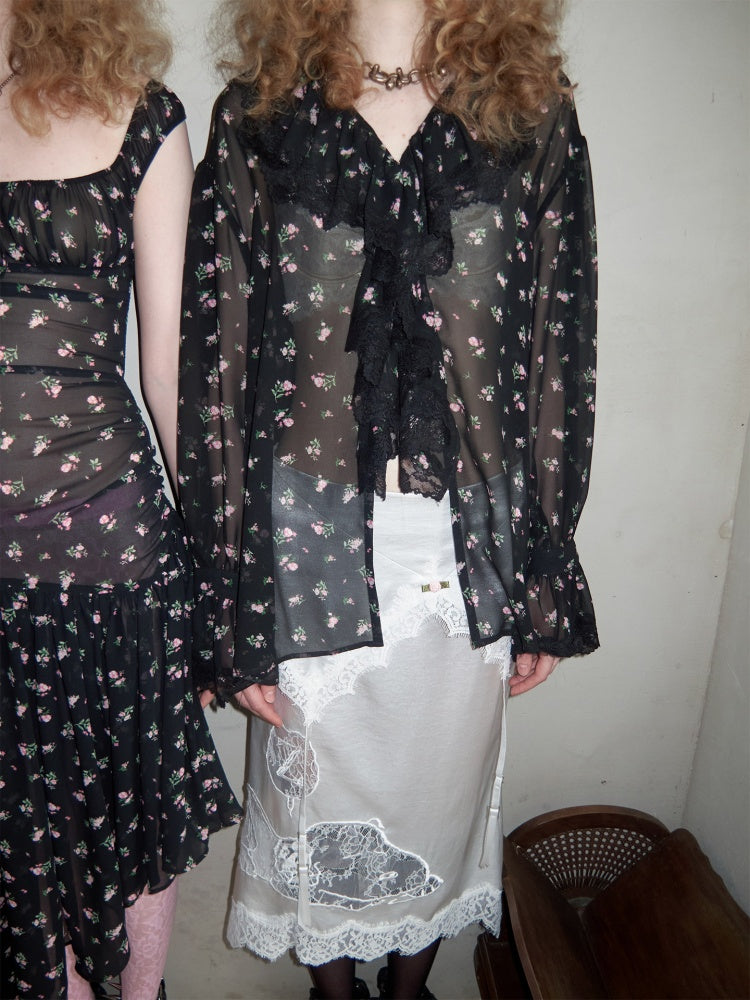 Ruffled V-Neck Court Subtle Sheer Floral Long-Sleeve Shirt【s0000017185】