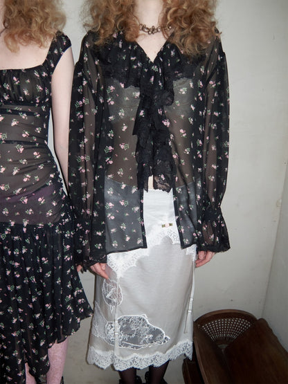 Ruffled V-Neck Court Subtle Sheer Floral Long-Sleeve Shirt【s0000017185】