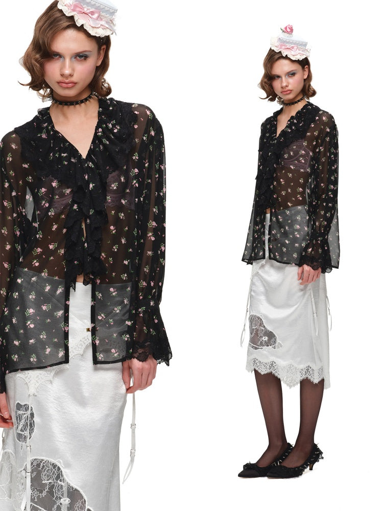 Ruffled V-Neck Court Subtle Sheer Floral Long-Sleeve Shirt【s0000017185】