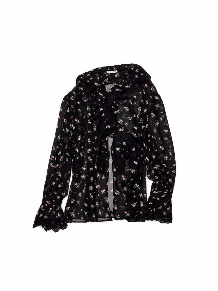 Ruffled V-Neck Court Subtle Sheer Floral Long-Sleeve Shirt【s0000017185】