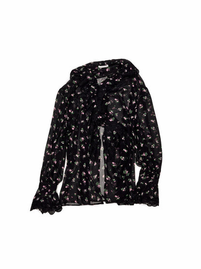 Ruffled V-Neck Court Subtle Sheer Floral Long-Sleeve Shirt【s0000017185】