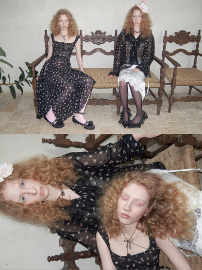 Ruffled V-Neck Court Subtle Sheer Floral Long-Sleeve Shirt【s0000017185】