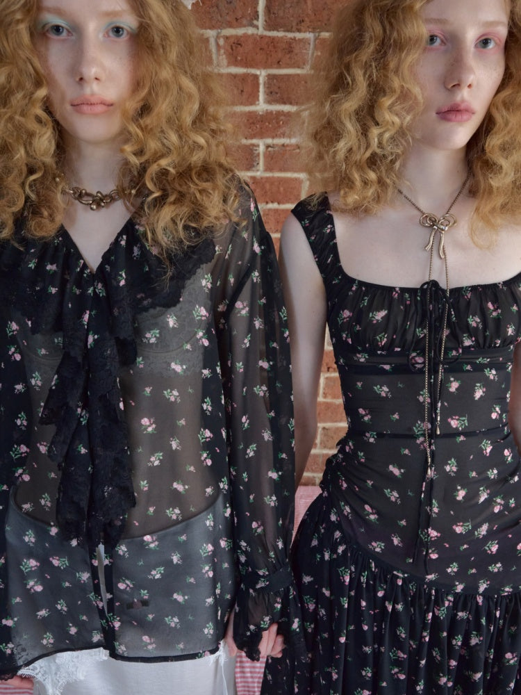Ruffled V-Neck Court Subtle Sheer Floral Long-Sleeve Shirt【s0000017185】