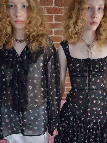 Ruffled V-Neck Court Subtle Sheer Floral Long-Sleeve Shirt【s0000017185】