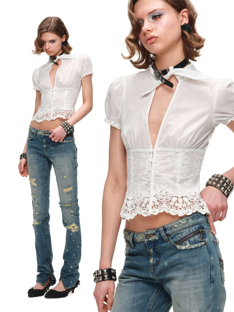 French V-Neck Puff Sleeve Waist-Cinched Hem Lace Shirt【s0000017186】