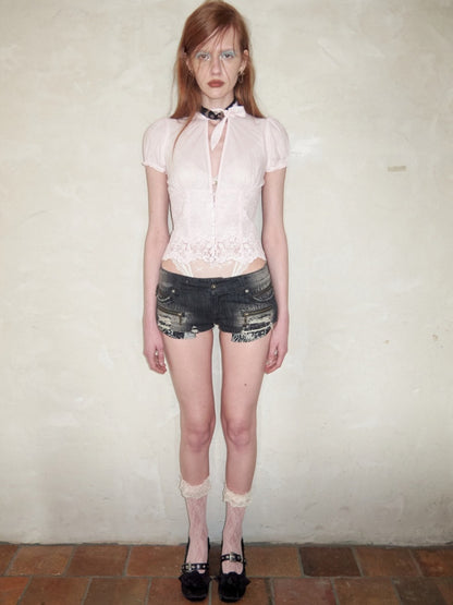 French V-Neck Puff Sleeve Waist-Cinched Hem Lace Shirt【s0000017186】