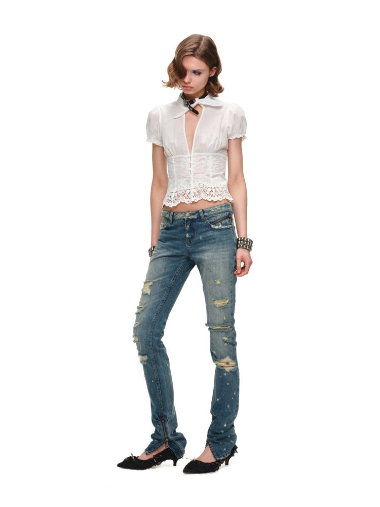 French V-Neck Puff Sleeve Waist-Cinched Hem Lace Shirt【s0000017186】