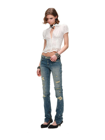 French V-Neck Puff Sleeve Waist-Cinched Hem Lace Shirt【s0000017186】