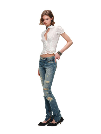 French V-Neck Puff Sleeve Waist-Cinched Hem Lace Shirt【s0000017186】