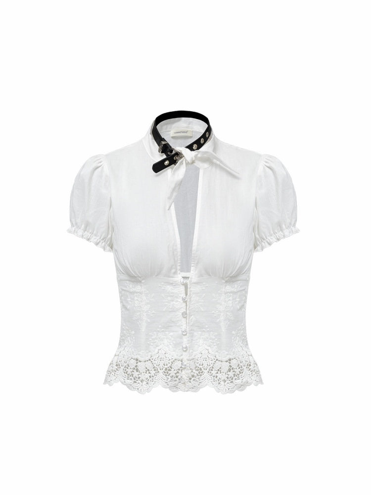 French V-Neck Puff Sleeve Waist-Cinched Hem Lace Shirt【s0000017186】