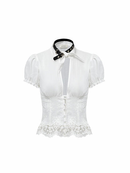 French V-Neck Puff Sleeve Waist-Cinched Hem Lace Shirt【s0000017186】